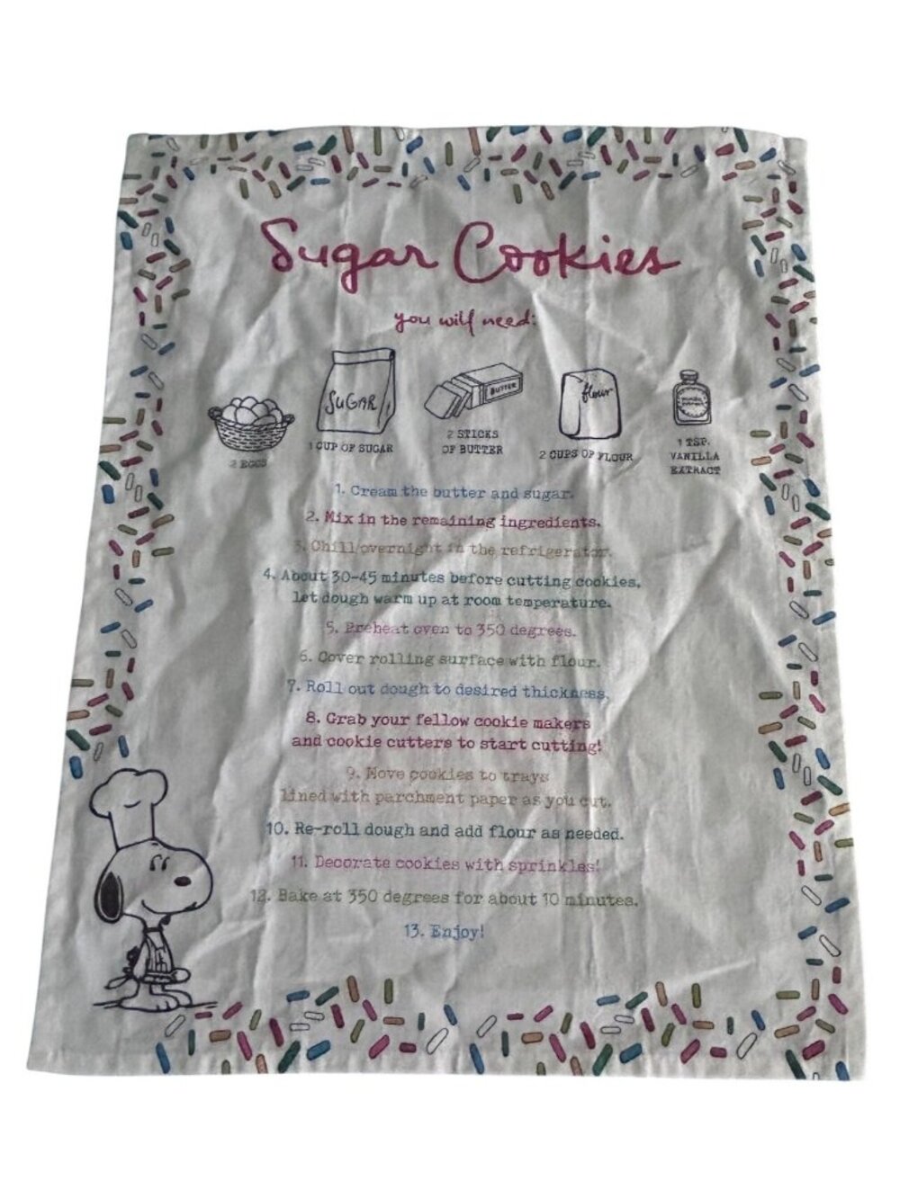Snoopy Sugar Cookie Recipe Tea Towel With Sprinkles Border & Baking Instructions